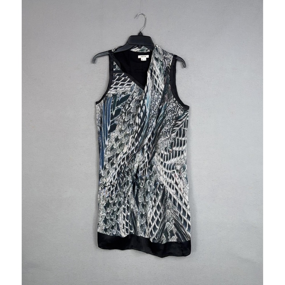 Helmut Lang Dress Womens 10 Black Animal Print Feather Silk Lining Draped Mini